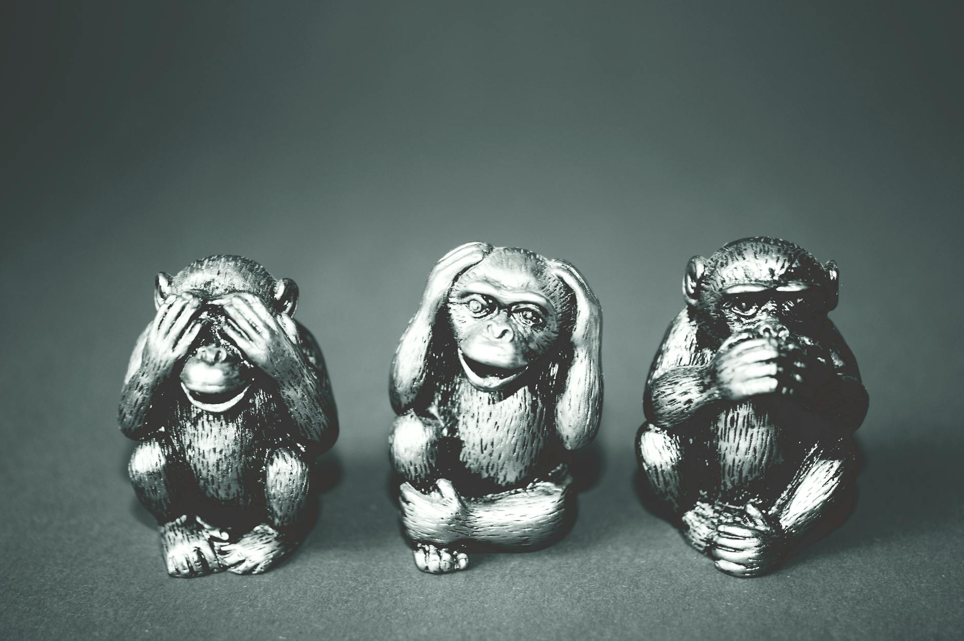 grayscale photography of three wise monkey figurines