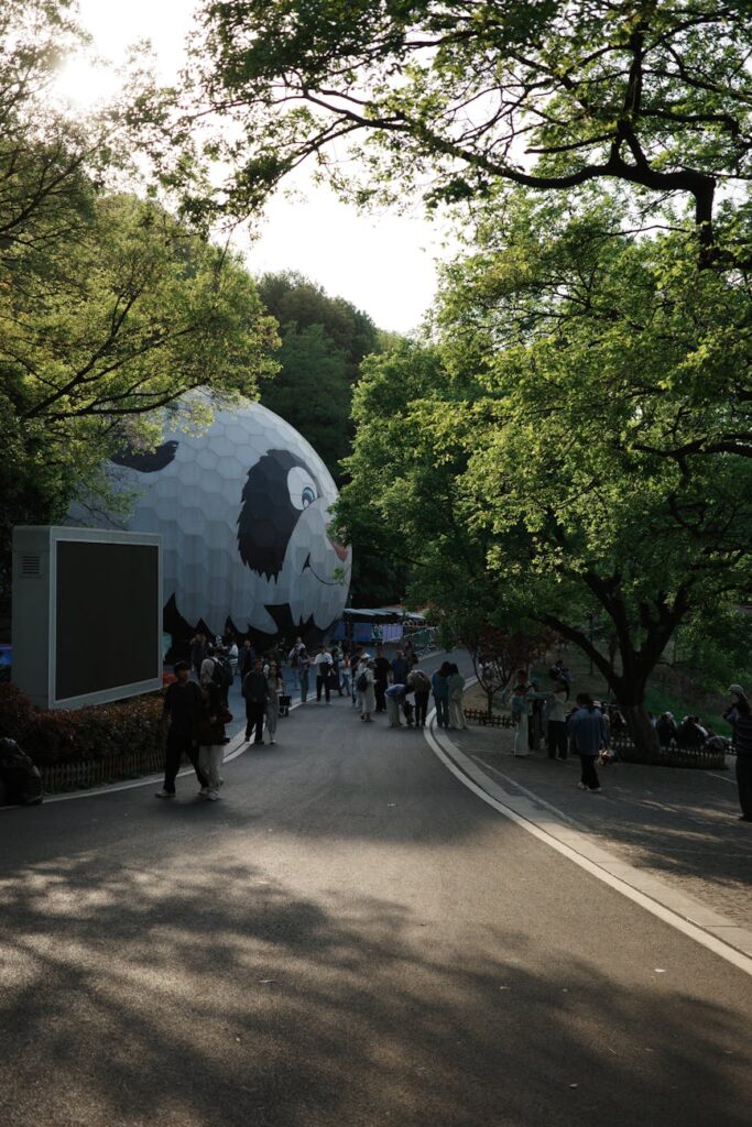 panda themed park attraction with visitors
