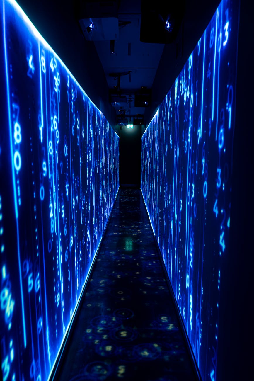 futuristic blue digital data tunnel